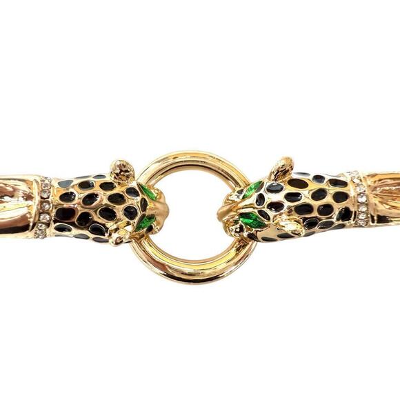 NEW Vintage St Thomas Gold Tone Green Eyes Double Leopard Head Toggle Bracelet - Picture 4 of 6